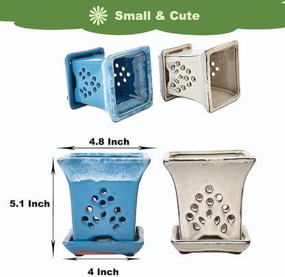 Ceramic Orchid Pots with Holes attached Saucers 4.8 Inches - Set of 2 Small Square Orchid Pots for Repotting, Decorative Ceramic Orchid Planter with Hole for Healthy Root Growth Blue White Mixed