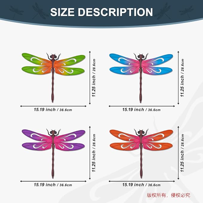 VOKPROOF Metal Dragonfly Wall Art Decor,Outdoor Fence Decor for Patio Yard Garden, Hanging Decorations for Living Room, Bedroom(4 Pack)