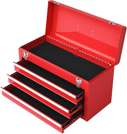 Goplus Tool Box, Portable 20” Tool Boxes with 3 Drawers, Top Tool Tray, Metal Lock Latch, Protective Liner, Auto Locking, Heavy Duty Steel Toolbox for Garage, Workshop, Mechanic