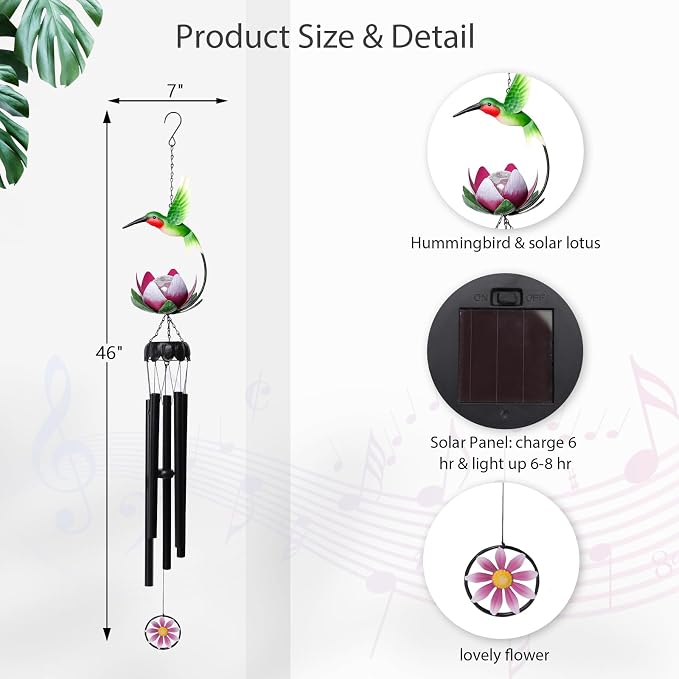 MUMTOP Solar Wind Chimes for Outside - Hummingbird with Lotus Crack Glass Ball Lights Wind Chimes Outdoor Unique, Windchimes Clearance for Garden, Patio,Yard Decor Gift