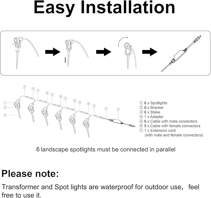 SUNTHIN Outdoor Landscape Lighting, 6 Pack Outdoor Spot Lights with Transformer for Yard, Plant, Lawn, Tree, Flags, House, Garden, Fence Use, IP65 Waterproof & Connectable
