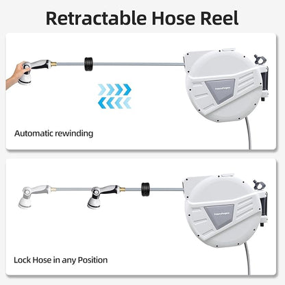 Garden Hose Reel Retractable 1/2 Inch x 100 ft, Wall Mounted with 10 Pattern Nozzle, Slow Return System and 180 Swivel, Gray