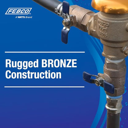 Febco 765 Series 1/2" Bronze Pressure Vacuum Breaker Backflow Preventer, Quarter Turn Shutoff, NPT Connections, Spring-Loaded Check Valves, Max Pressure 150 psi, Industrial Plant, Irrigation System