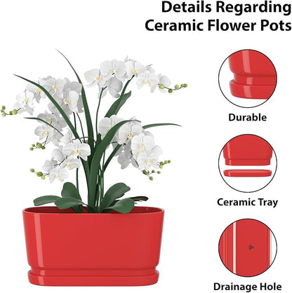 13" Rectangular Ceramic Planter with Drainage and Saucer, Red | Indoor Outdoor Use, 13"L x 5.5"W x 6.3"H, Modern Home Decor, Window Box Planter, Red Glossy Finish