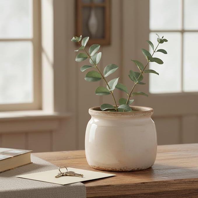 Ceramic Planter & Vase for Wabi Sabi Decor, 6.3 Inch Nordic Minimalist Flower Pot with Drainage Hole for Indoor Plants, Boho Tabletop Bookshelf & Living Room Decoration, Unique Gift (Antique Ivory)