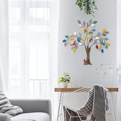 dreamskip 25" Tree of Life Metal Wall Art with Colorful Leaves and Birds, Large Metal Tree Wall Decor Sculpture Outdoor Indoor, Living Room, Patio, Fence, Bedroom, Garden Decoration