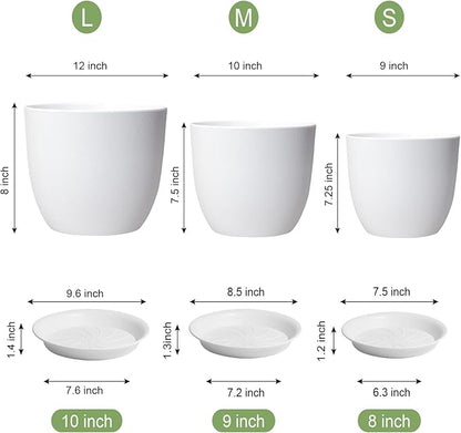 UOUZ 12/10/9 Large Plant Pots, Plastic Planters with Drainage Holes and Saucers for Indoor Outdoor Plants Flowers, White