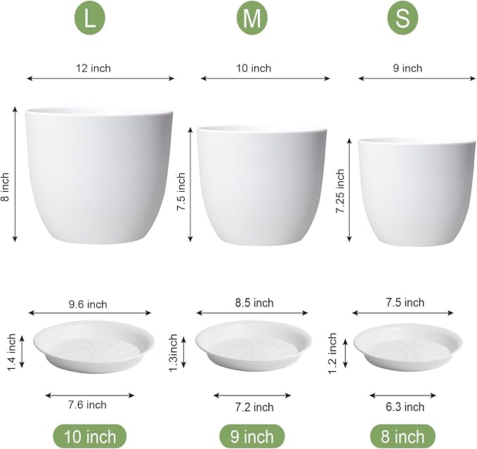 WSMKSZ 12/10/9 inch Large Plant Pots, 3 Pack Modern Decorative Plastic Planters with Drainage Holes and Saucers, Flower Pots for Indoor Outdoor Plants, White