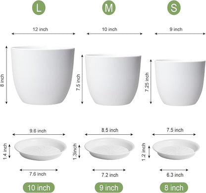 WSMKSZ 12/10/9 inch Large Plant Pots, 3 Pack Modern Decorative Plastic Planters with Drainage Holes and Saucers, Flower Pots for Indoor Outdoor Plants, White