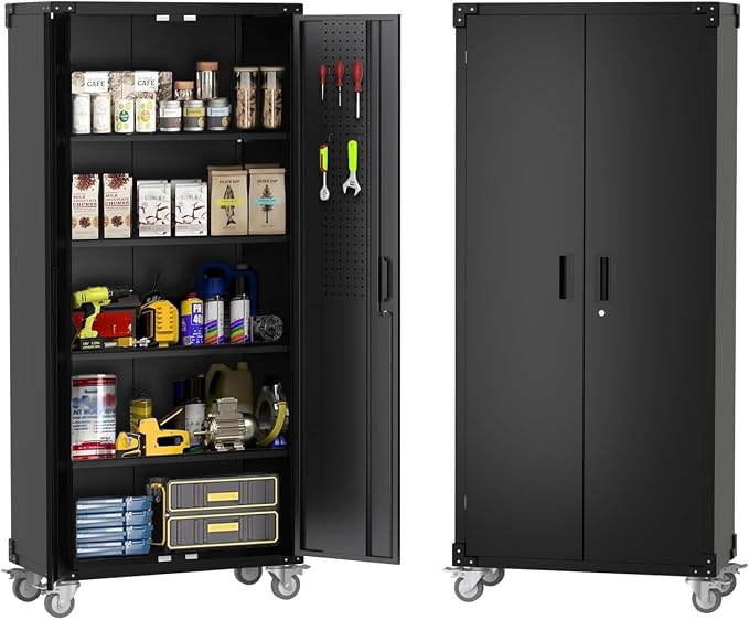Garvee 72 in Tall Garage Storage Cabinet – 600 LB Capacity Metal Tool Cabinet with Magnetic Lock, 4 Adjustable Shelves & Wheels, Heavy-Duty Steel Storage for Workshop, Home & Office
