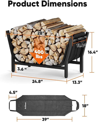 28 Inch Firewood Rack with 900D Canvas Log Carrier Bag, Outdoor Indoor Log Holder for Fireplace, Heavy Duty Fire Wood Log Stand, Wood Pile Stacker Storage Organizer Tool for Patio Deck, Black