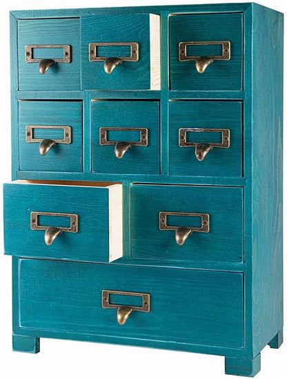 Apothecary Drawers Apothecary Cabinet with Drawers, Blue | 9 Drawer Library Card Catalog, Wooden Storage Box, Wooden Desktop Organizer with Metal Handles-Fulled Assembled