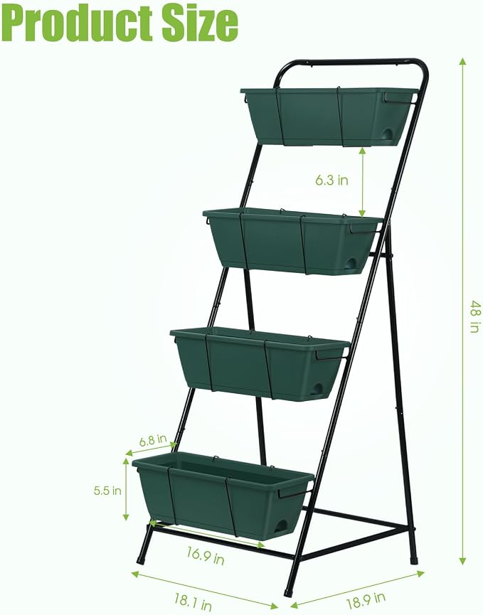 Vertical Raised Garden Bed 4 Tier Garden Planter for Outdoor Plants Standing Garden Planters with Drainage Holes Removable Tray for Herbs Flowers Vegetables Plants (Green)