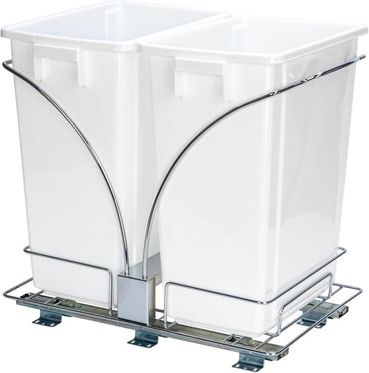 Household Essentials Chrome Steel Sliding Double Waste Bin with White Plastic Inserts