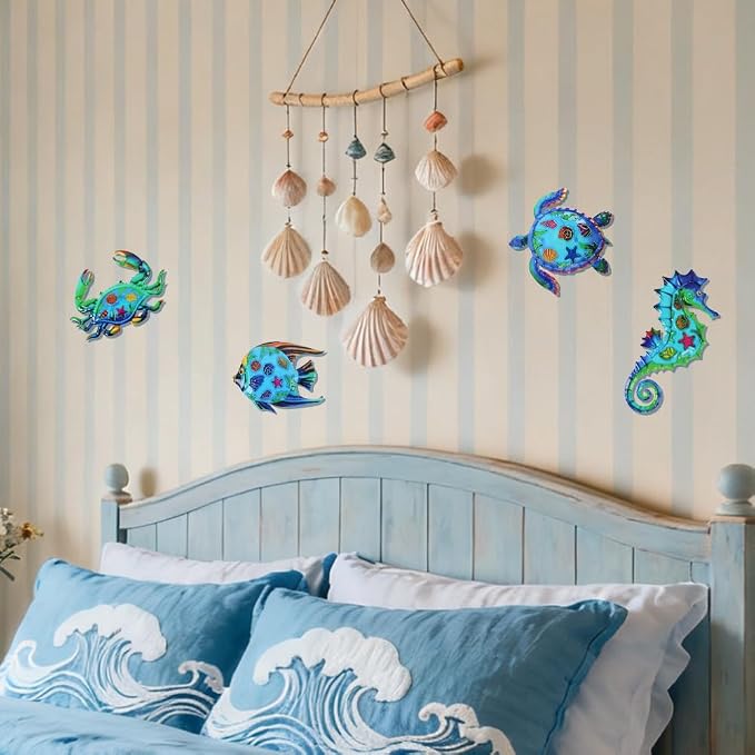 VEWOSTAR Metal Ocean Wall Art Decor Outdoor - Themed Metal Wall Sculpture Set of 4, Beach House Decor for Bathroom, Coastal Patio, Garden Fence, Pool Wall Art, Nautical Outdoor Decor Gift