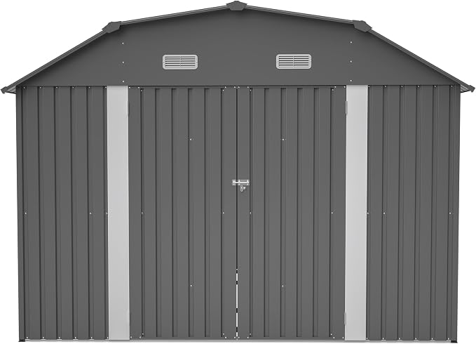 YOPTO 10×12 FT Outdoor Storage Shed,Heavy-Duty Metal Shed with Floor Base,All Weather Waterproof Tool Shed W/Diamond Roof & Windows,Lockable Double Door & 4 Air Vents,for Backyard,Patio,Lawn,Gray