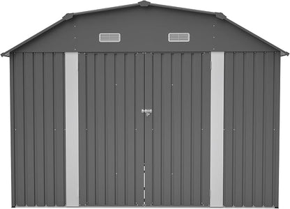 YOPTO 10×12 FT Outdoor Storage Shed,Heavy-Duty Metal Shed with Floor Base,All Weather Waterproof Tool Shed W/Diamond Roof & Windows,Lockable Double Door & 4 Air Vents,for Backyard,Patio,Lawn,Gray