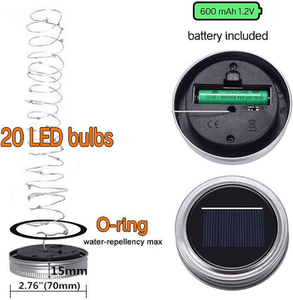 SunKite Solar Mason Jar Lights [Updated], 8 Pack 20 LED Waterproof Fairy Firefly Jar Lids String Lights with Hangers(NO Jars), Patio Yard Garden Wedding Decoration - Cool White