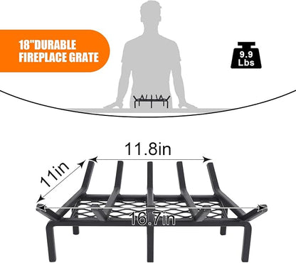 17 Inch Fireplace Grate with Ember Retainer,Cast Iron Fireplace Log Grate,Fireplace Log Holder,Heavy Duty Solid Steel Fireplace Wood Holder,Wood Stove Wrought Rack for Indoor Hearth Outdoor Fireplace
