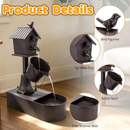 Metal Outdoor Garden Fountain 27" Soothing Water Flow | Rustproof Garden Water Features with Pumb & Debris Filter Screen, Heavy Duty Birdhouse Waterfall for Outside Patio Yard Porch