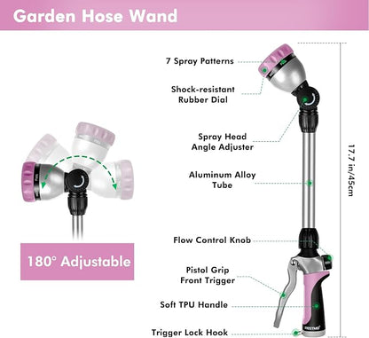 RESTMO Heavy Duty Metal Hose Wand, Watering Wand for Garden Hose | 180° Swivel Ratcheting Head, 16'' Hose Sprayer, 7 Spray Patterns, Flow Control, Ideal for Hanging Baskets & Shrubs, Pink