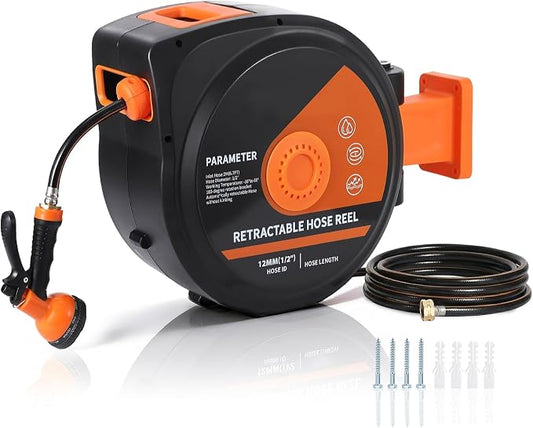 1/2 in x 65 ft Retractable Garden Hose Reel, Wall Mounted, 9-Function Nozzle, Any Length Lock, 180° Swivel, Auto Slow Rewind for Watering Lawn, Washing Car, Cleaning Patio