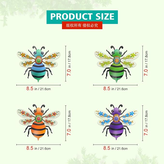 VOKPROOF Metal Bee Wall Art Decor, Outdoor Fence Decor for Patio Yard Garden, Hanging Decorations for Living Room, Bedroom(4 Pack)