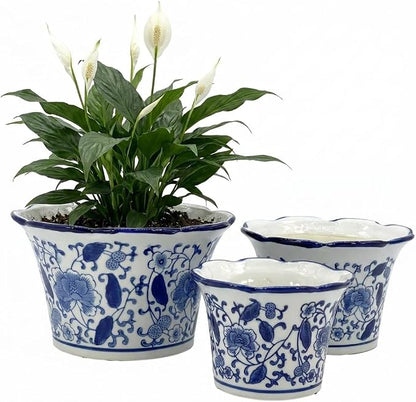 Galt International Blue & White Floral Porcelain Ceramic Decorative Flower Pot 8"/6"/4.5" Garden Pots Chinese Asian Design - Set of 3 Cylinder Fluted Edge