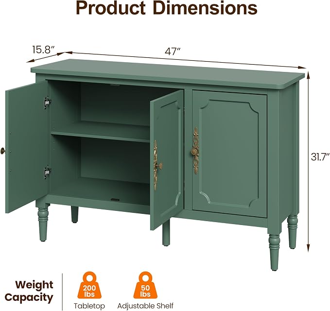 RoyalCraft Buffet Sideboard Cabinet with 3 Doors, Wooden Coffee Bar Credenza with Adjustable Shelves, Vintage Storage Cabinet for Kitchen Dining Entryway Living Room, Forest Green