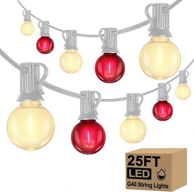 LED Valentine’s Day String Lights, 25Ft Valentines Decorations Outdoor | 25+2 G40 Round Bulbs, Connectable, Shatterproof Hanging Indoor Fairy Lights for Wedding Date Patio, Frosted Red White