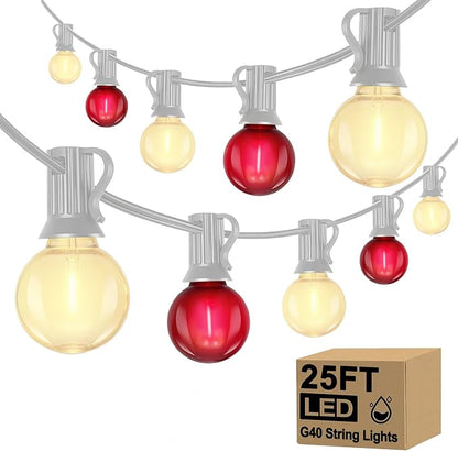 LED Valentine’s Day String Lights, 25Ft Valentines Decorations Outdoor | 25+2 G40 Round Bulbs, Connectable, Shatterproof Hanging Indoor Fairy Lights for Wedding Date Patio, Frosted Red White
