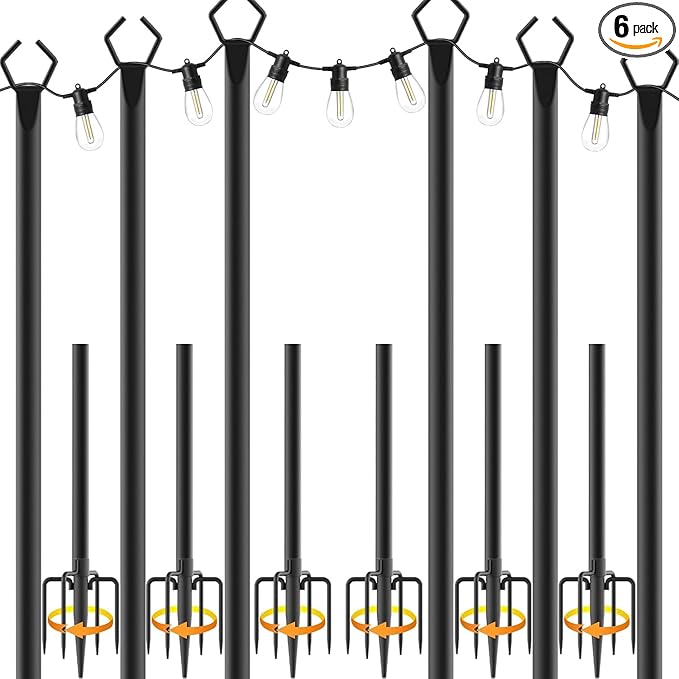 AILBTON 10Ft String Light Poles 6 Pack,Light Poles for Outside Lights,Outdoor with Fence Brackets Hanging Lights,Metal Stand Deck Patio Backyard