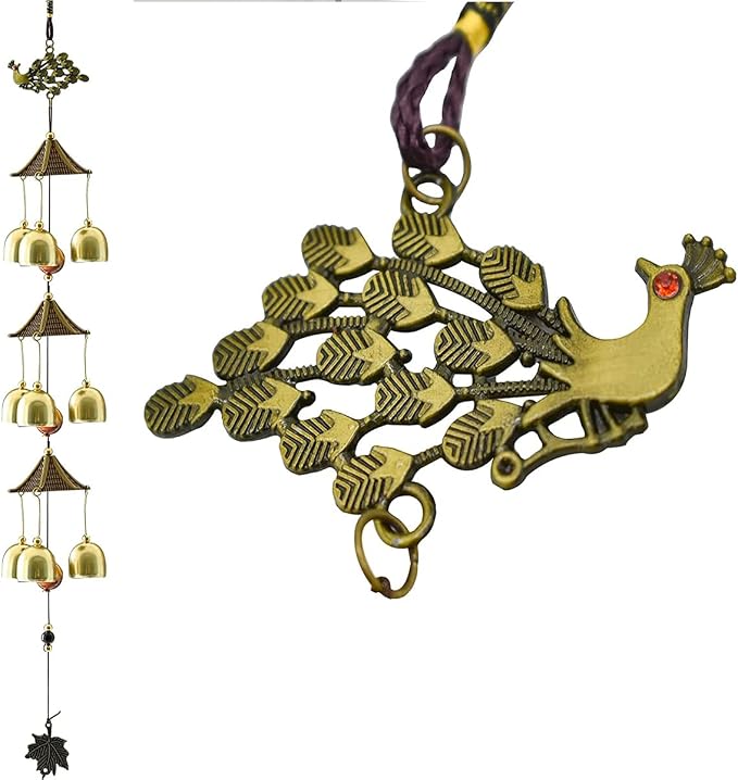Auspicious Peacock with Energy Bead Wind Chimes Represents Lucky&Happy Life Copper Alloy 3 Layers+9 Bells for Outdoor Decorations Garden Yard Trees Or As A Good Gift