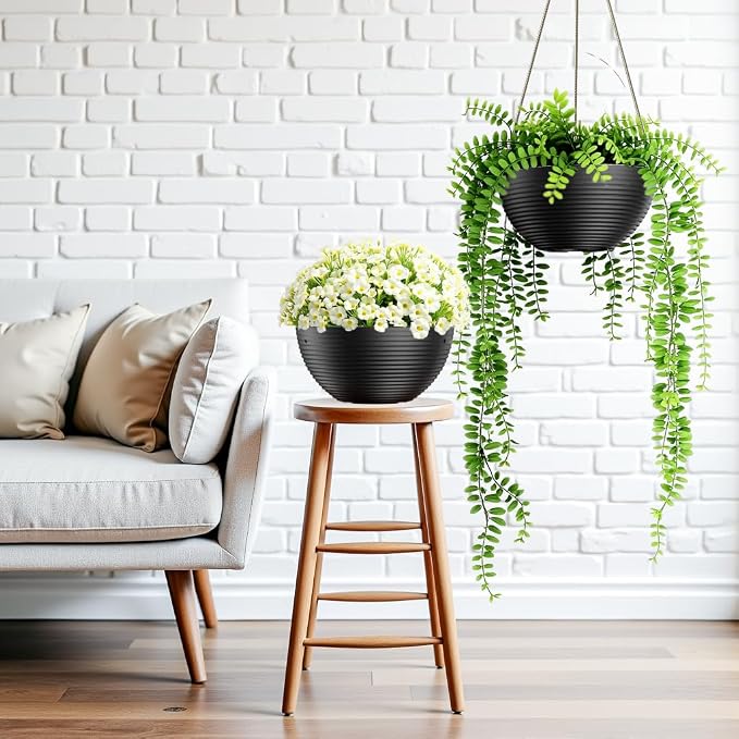 Asnext Line Pattern 10 Inch Hanging Planter for Indoor Outdoor Plants, 2 Pack Round Hanging Pots for Plants (Black)
