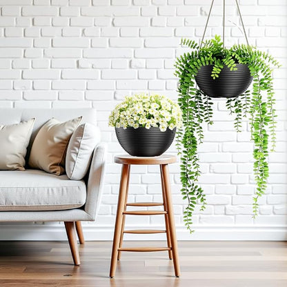 Asnext Line Pattern 10 Inch Hanging Planter for Indoor Outdoor Plants, 2 Pack Round Hanging Pots for Plants (Black)