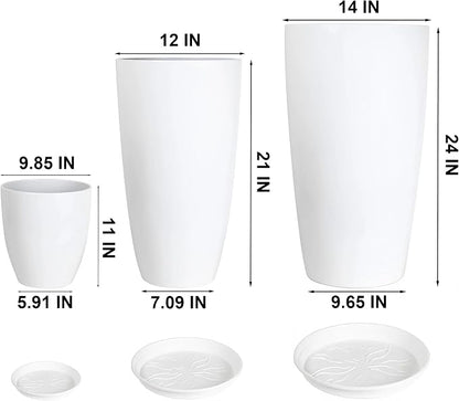24,21,11 Inch Large Plastic Planters with Drainage Hole and Saucer - Set of 3 Tall Plant Pots Indoor Flower Pot Tall Round Planters Outdoor Large Tall Planter
