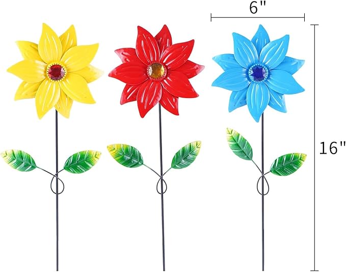 3-Pack Metal Flower Garden Stakes, 16 Inch Weatherproof Floral Yard Art, Vibrant Yellow Red Blue Outdoor Decor for Patio, Lawn & Planter