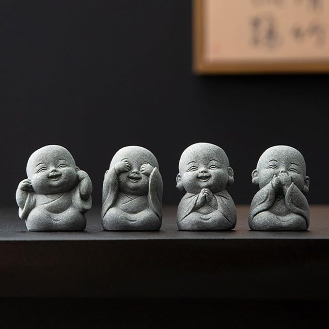 4PCS Laughing Buddha Statue for Good Luck & Feng Shui Decor – Cute Small Zen Monk Sandstone Sculpture for Home, Office, Desk, Aquarium Decor (Four no Zen Statue)