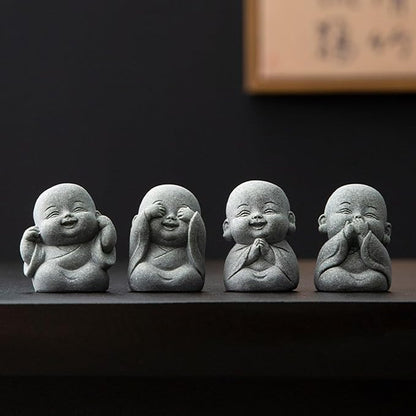 4PCS Laughing Buddha Statue for Good Luck & Feng Shui Decor – Cute Small Zen Monk Sandstone Sculpture for Home, Office, Desk, Aquarium Decor (Four no Zen Statue)