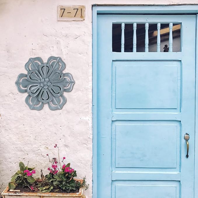 hogardeck Metal Flower Farmhouse Wall Decor, 16" Large Floral Metal Blue Wall Art for Indoor Outdoor, Boho Wall Decor for Bathroom, Living Room, Kitchen, Bedroom, Porch, Garden, Yard