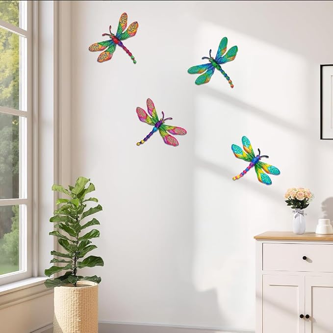 dreamskip 4 PCs Metal Dragonfly Wall Decor Art, Dragonflies Outdoor Wall Art with Colorful Leaves, Hand Painted Outdoor Decor For Garden Yard Fence Patio Outside Decoration