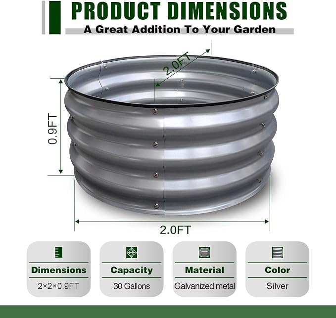 GrowHaus 2x2x1FT Galvanized Raised Garden Bed, Planter Boxes Outdoor Round Metal Garden Beds for Planting Vegetables Flowers Herbs Silver
