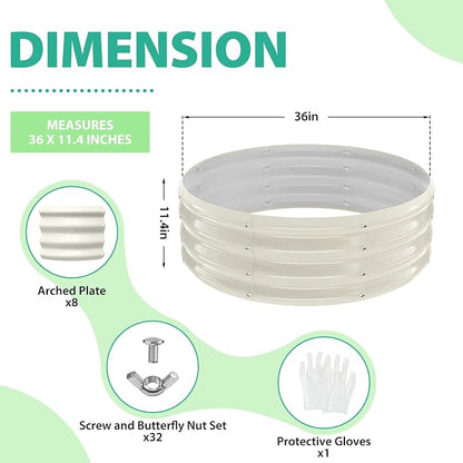 12 Inch Tall 36 Inch Diameter Round White Raised Garden Bed Kits Outdoor | 1 FT Tall,3 FT Planter Bed for Flowers,Herbs,Vegetables,Trees,0.8MM Thick Galvanized Metal Painted,with Gloves,Tool free
