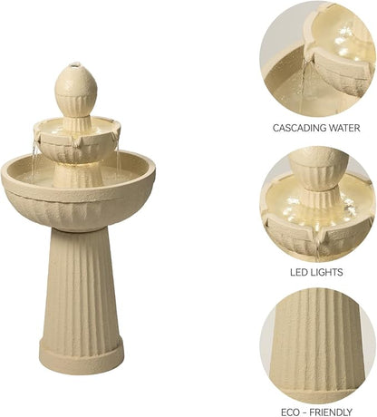 37.80” H Outdoor Water Fountain Made with Eco-Friendly Recyclable Materials, Polyethylene Cascading Waterfall Water Fountain Outdoor, Garden Decor with LED Light for Patio, Backyard (White)
