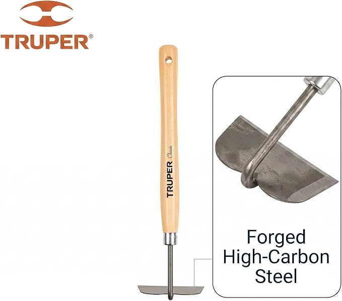 Truper Floral Garden Hand Hoe and Cultivator, 15-Inch Premium Ash Wood Handle, Heavy-Duty Carbon Steel Head Weeding and Planting Tool (Model 30663 / GTL-HO)