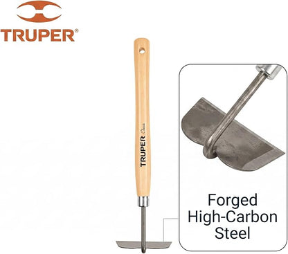 Truper Floral Garden Hand Hoe and Cultivator, 15-Inch Premium Ash Wood Handle, Heavy-Duty Carbon Steel Head Weeding and Planting Tool (Model 30663 / GTL-HO)