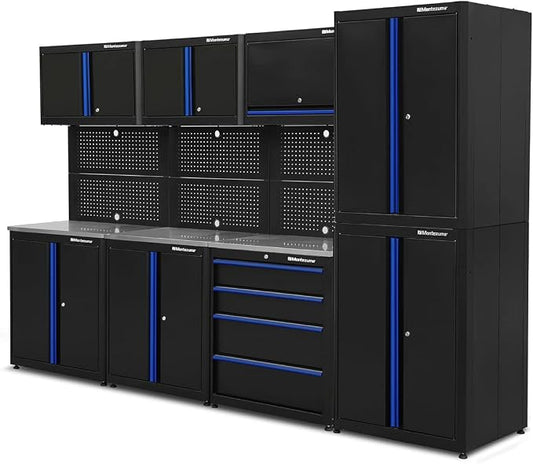 Montezuma Garage Tool Storage System - 11Piece Combo Workbench with Locking Cabinet & Stainless Steel Worktop - Pc-Bbcg