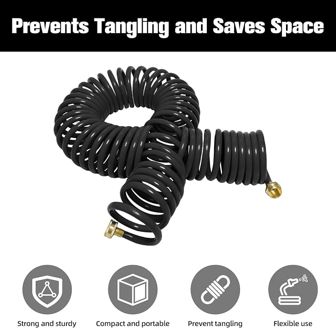 Coil Hose,3/8" EVA Coil Garden Hose 25 FT,Curly Water Hose Lightweight with Brass Connectors,Recoil Garden Hose Includes 8-Pattern Spray Nozzle for Boat, Yard, Patio