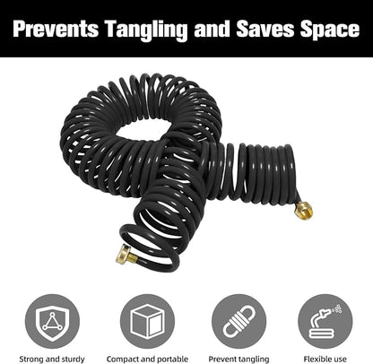 Coil Hose,3/8" EVA Coil Garden Hose 75 FT,Curly Water Hose Lightweight with Brass Connectors,Recoil Garden Hose Includes 8-Pattern Spray Nozzle for Boat, Yard, Patio, Green