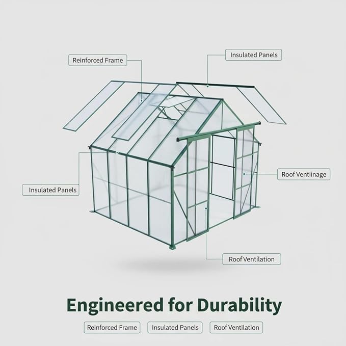 8x8 FT Greenhouse, Walk-in Polycarbonate Greenhouses with Double Sliding Doors, Aluminum Frame, Adjustable Roof Vent, Raised Base & Anchor, Outdoor Backyard Greenhouse for All Seasons, Green